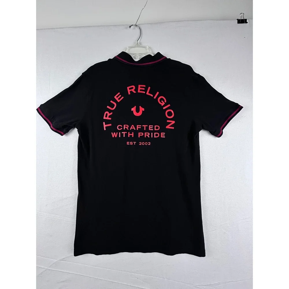 True Religion Mens Black Pink Logo Graphic Polo Shirt Large 103078 385
